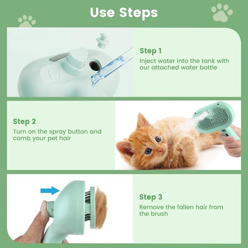 3 in 1 Cat Hair Brush, Pet Spray Hair Removal Comb for Shedding and Grooming, Water Brush for Cats Dogs Small Animals Long Short Haired with One-Click Release Button