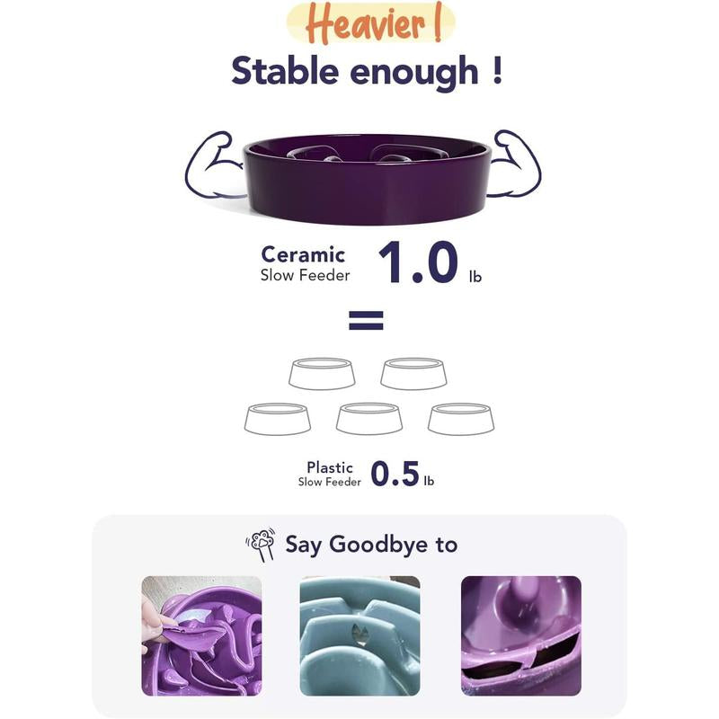 Ceramic Slow Feeder Dog Bowls Small Breed, 0.6 Cups Dog Food Dish for Fast Eaters, Puzzle Bowl for Small Dogs and Cats,Purple Feeding Pet Supplies