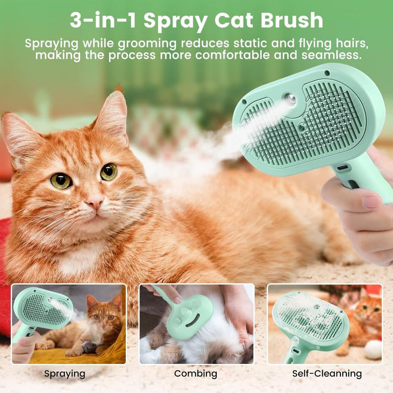 3 in 1 Cat Hair Brush, Pet Spray Hair Removal Comb for Shedding and Grooming, Water Brush for Cats Dogs Small Animals Long Short Haired with One-Click Release Button