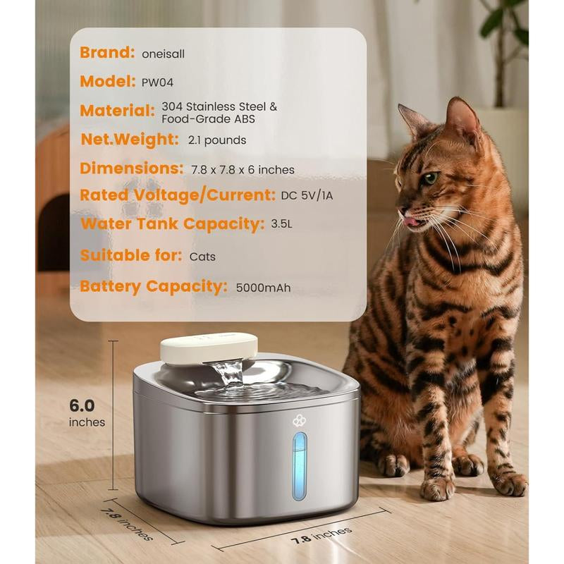 Oneisall Wireless Cat Water Fountain, Stainless Steel, 3.5L/118Oz Automatic Cat Water Fountain Cordless & Rechargeable with Motion Sensor and Low Noise