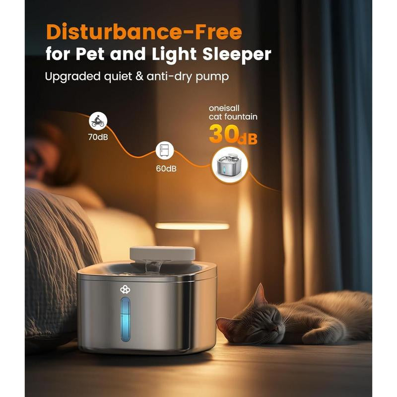 Oneisall Wireless Cat Water Fountain, Stainless Steel, 3.5L/118Oz Automatic Cat Water Fountain Cordless & Rechargeable with Motion Sensor and Low Noise