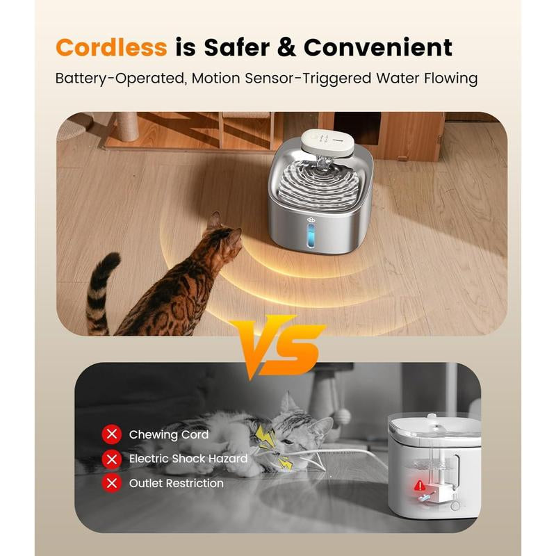 Oneisall Wireless Cat Water Fountain, Stainless Steel, 3.5L/118Oz Automatic Cat Water Fountain Cordless & Rechargeable with Motion Sensor and Low Noise