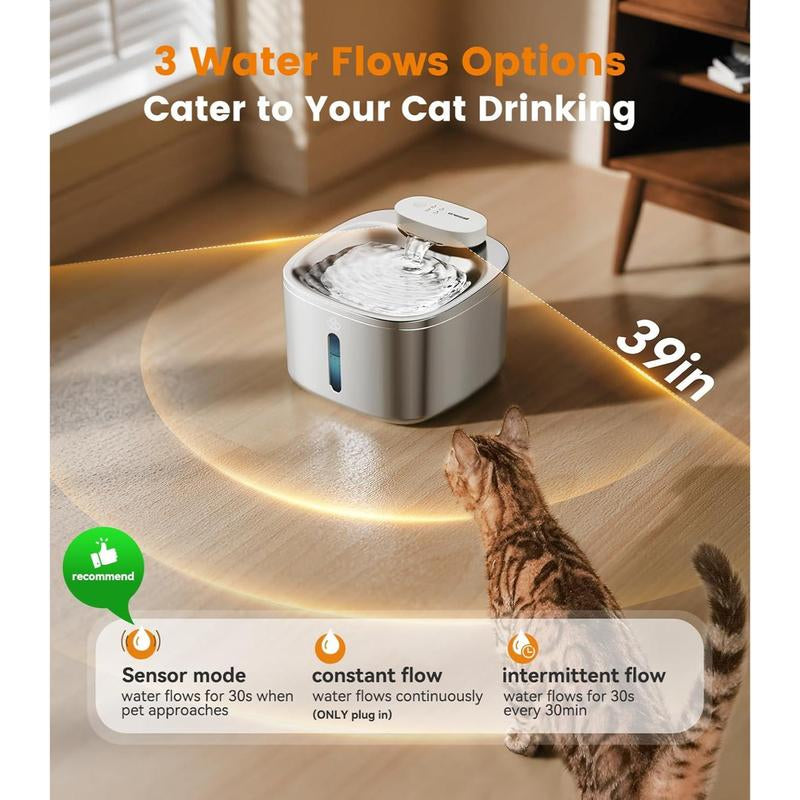 Oneisall Wireless Cat Water Fountain, Stainless Steel, 3.5L/118Oz Automatic Cat Water Fountain Cordless & Rechargeable with Motion Sensor and Low Noise