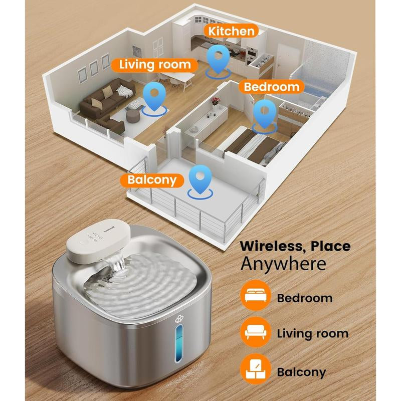 Oneisall Wireless Cat Water Fountain, Stainless Steel, 3.5L/118Oz Automatic Cat Water Fountain Cordless & Rechargeable with Motion Sensor and Low Noise